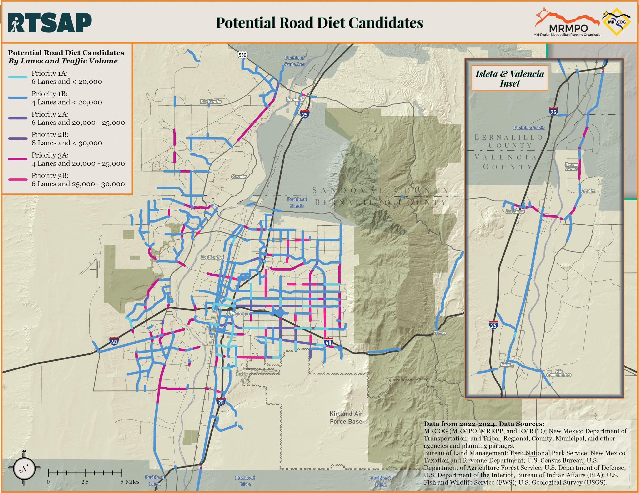 Map showing which roadways would be good candidates for a road diet.